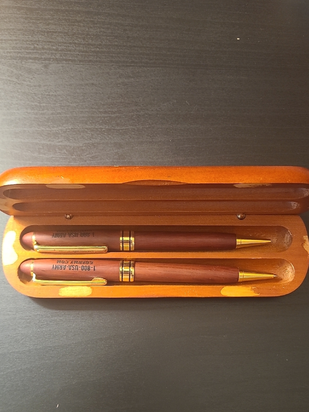 U.S. Army Orange Wood Set Pen and Pencil  With Black Logo Case.